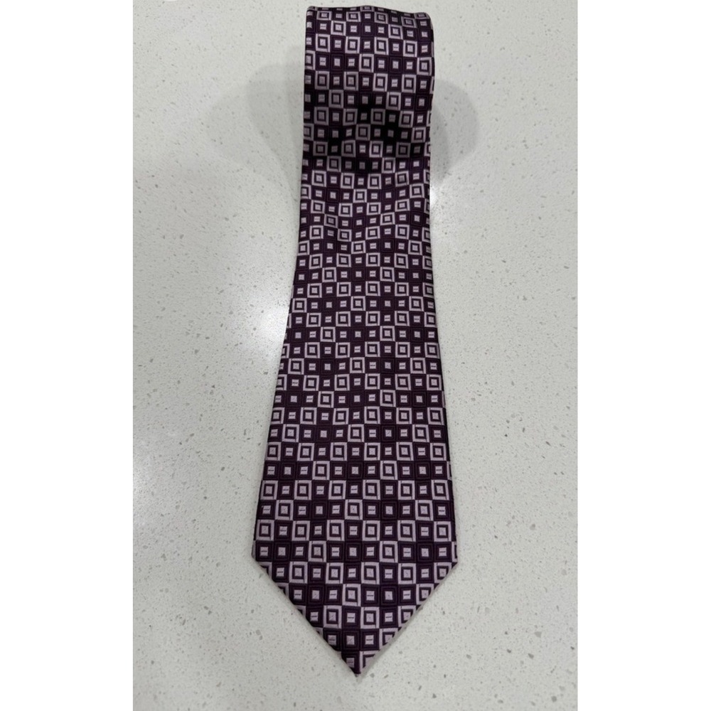 Berlioni Italy Mens Purple Geometric Square Pattern Silk Blend Necktie Tie